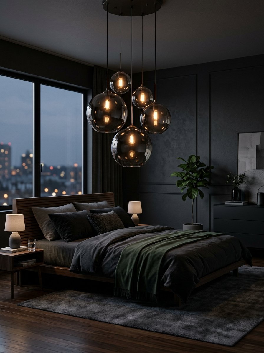 Group of glass pendant lights hanging over a wooden bed with dark bedding and city view window.