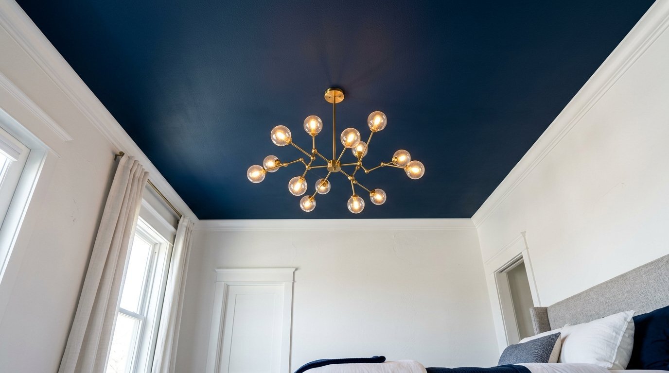 Modern brass light fixture with glass globes centered on a dark blue painted ceiling above a white bedroom wall.