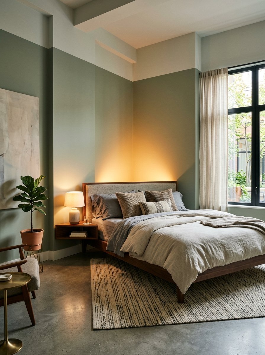 A modern bedroom featuring sage green walls, a wooden bed, and a potted fig tree beside a large window.