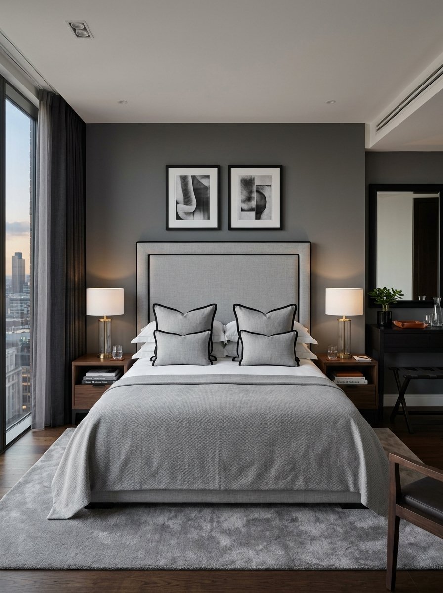 A modern grey bedroom with a king size bed, upholstered headboard, symmetrical lamps, and floor-to-ceiling windows.