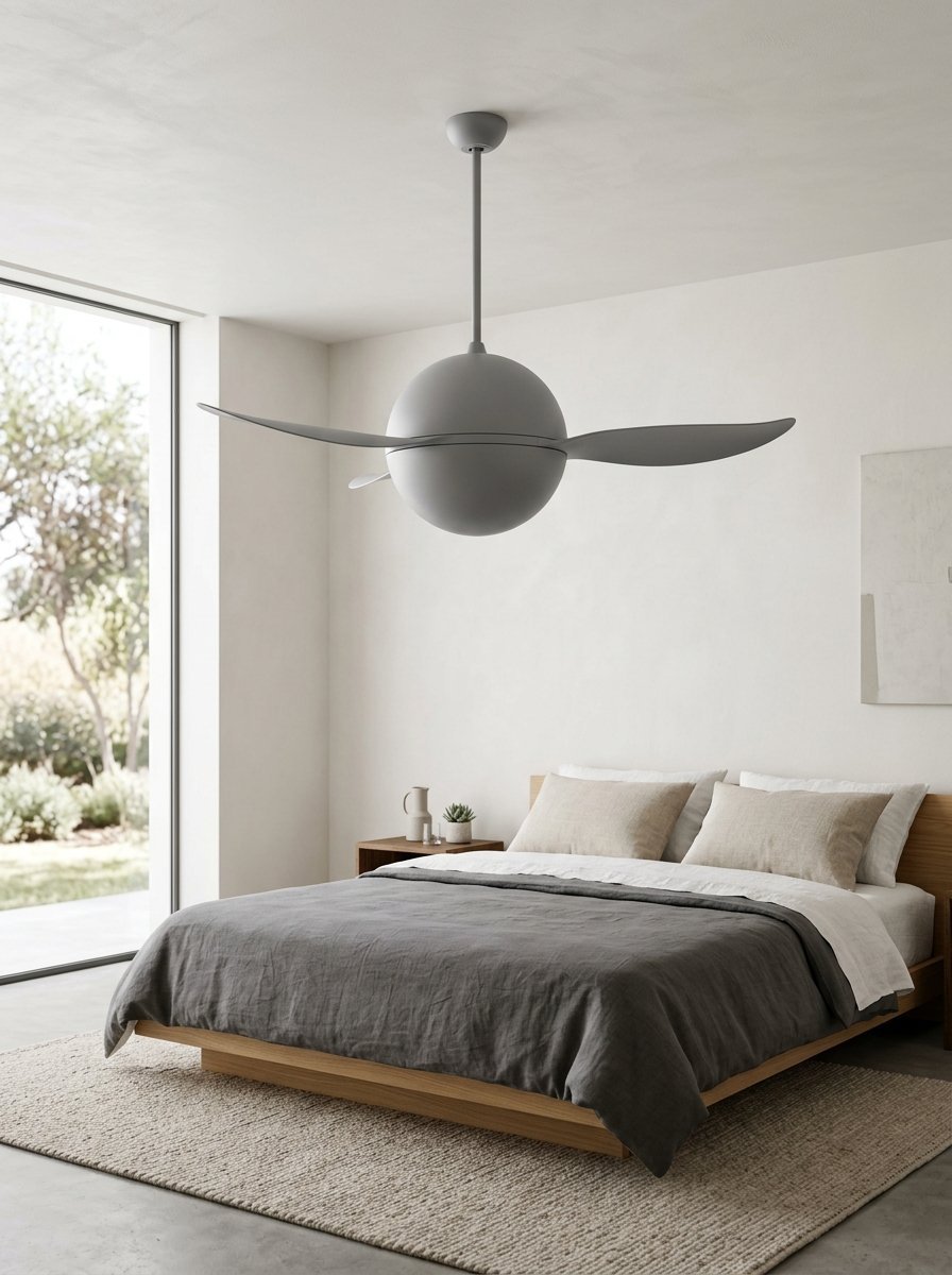A sculptural matte grey spherical ceiling fan suspended above a wooden bed frame with grey and neutral bedding.