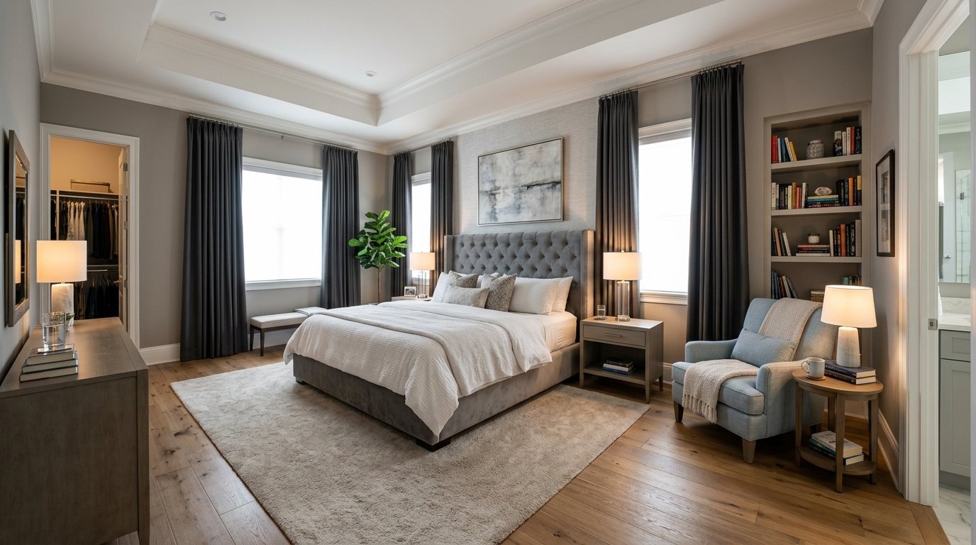 Modern master bedroom with a tufted headboard, grey curtains, and a comfortable armchair next to a built-in bookshelf.
