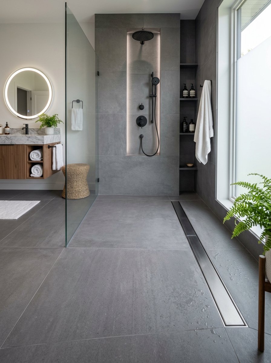 Contemporary walk-in shower with large-format grey tiles, linear floor drain, and backlit wall niche.