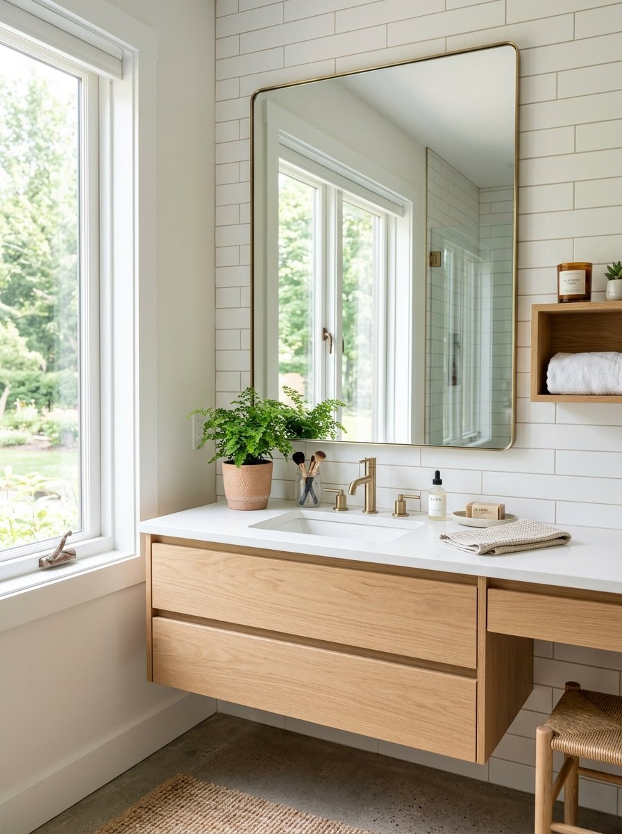 Floating light oak bathroom vanity with white countertop, gold hardware, and potted fern on a white tiled wall.
