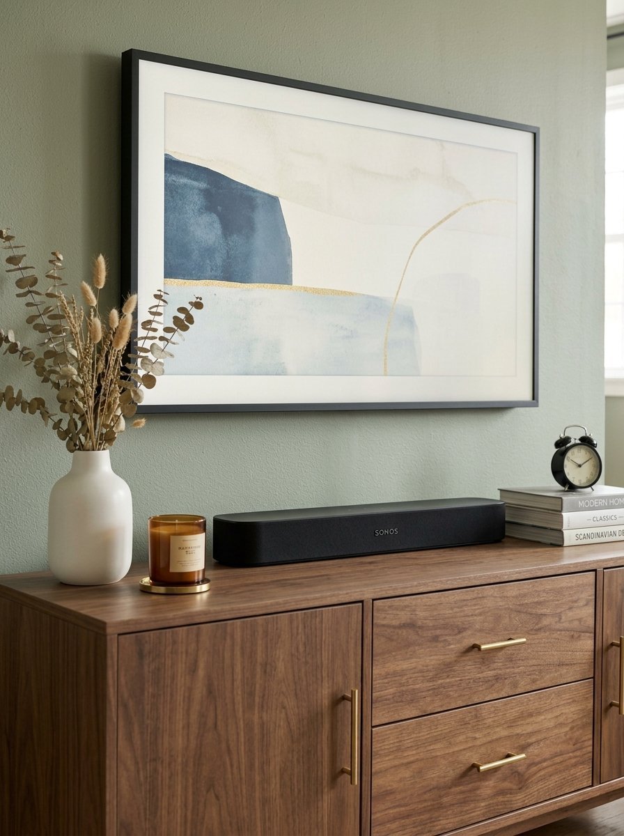 Wooden console table with a Sonos soundbar, vase of dried flowers, and books under a wall-mounted TV art frame.