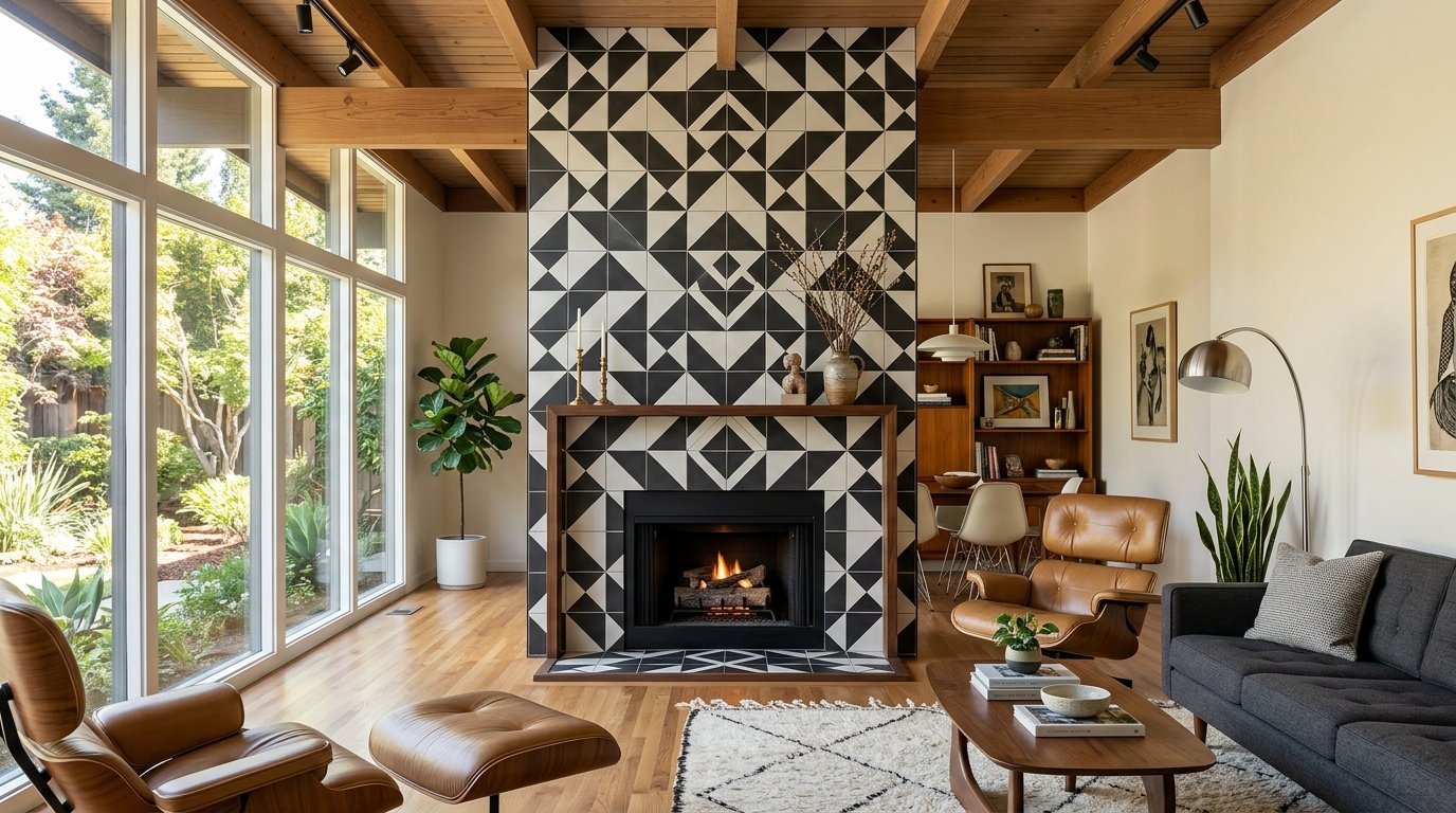 Bright living room with floor-to-ceiling windows and a black and white tiled fireplace as the focal point.