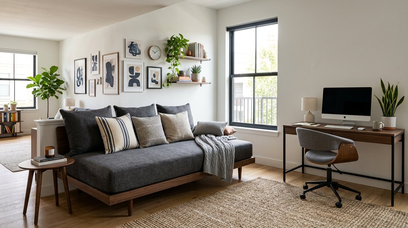 Modern living room with dark gray sofa, wood workspace, gallery wall art, and indoor greenery near large windows.