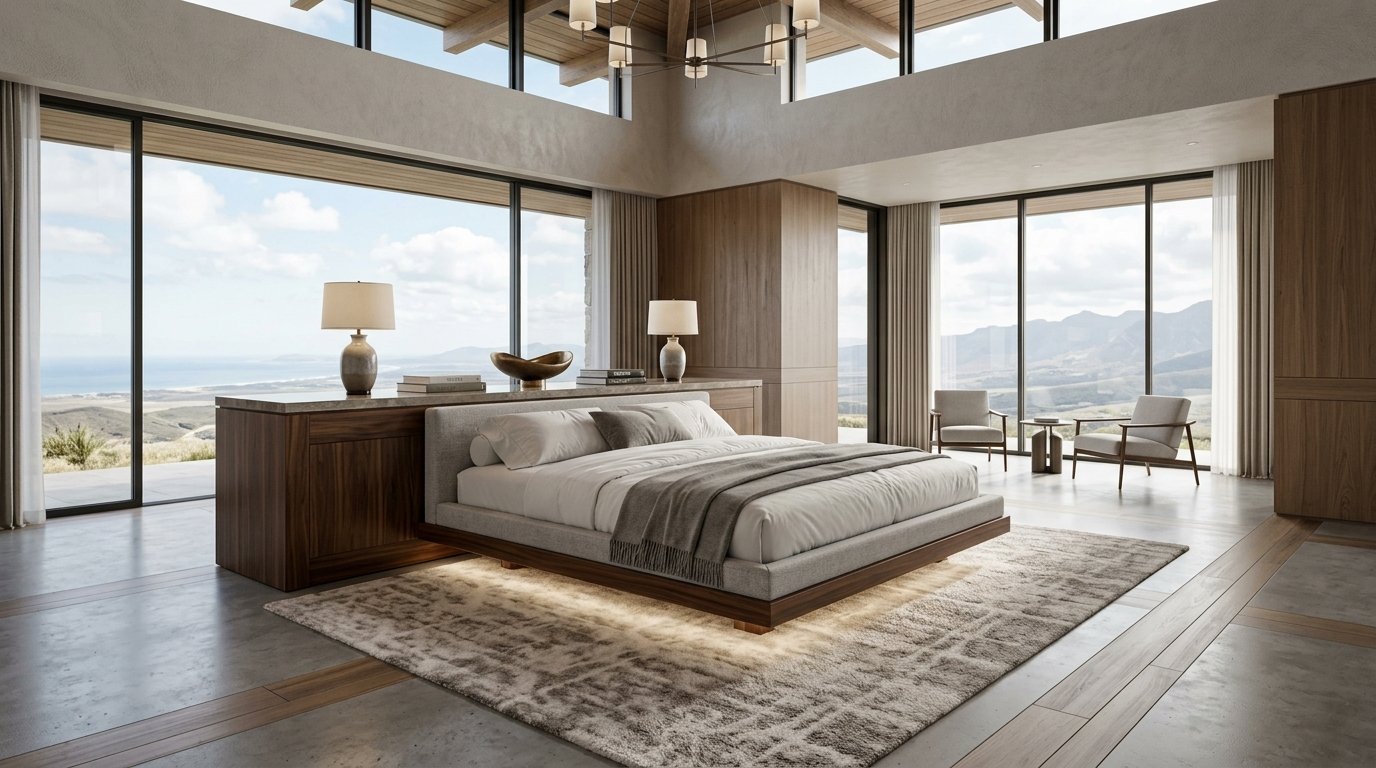 Floating bed with integrated wooden headboard inside a spacious luxury room featuring wall-to-wall mountain and ocean views.