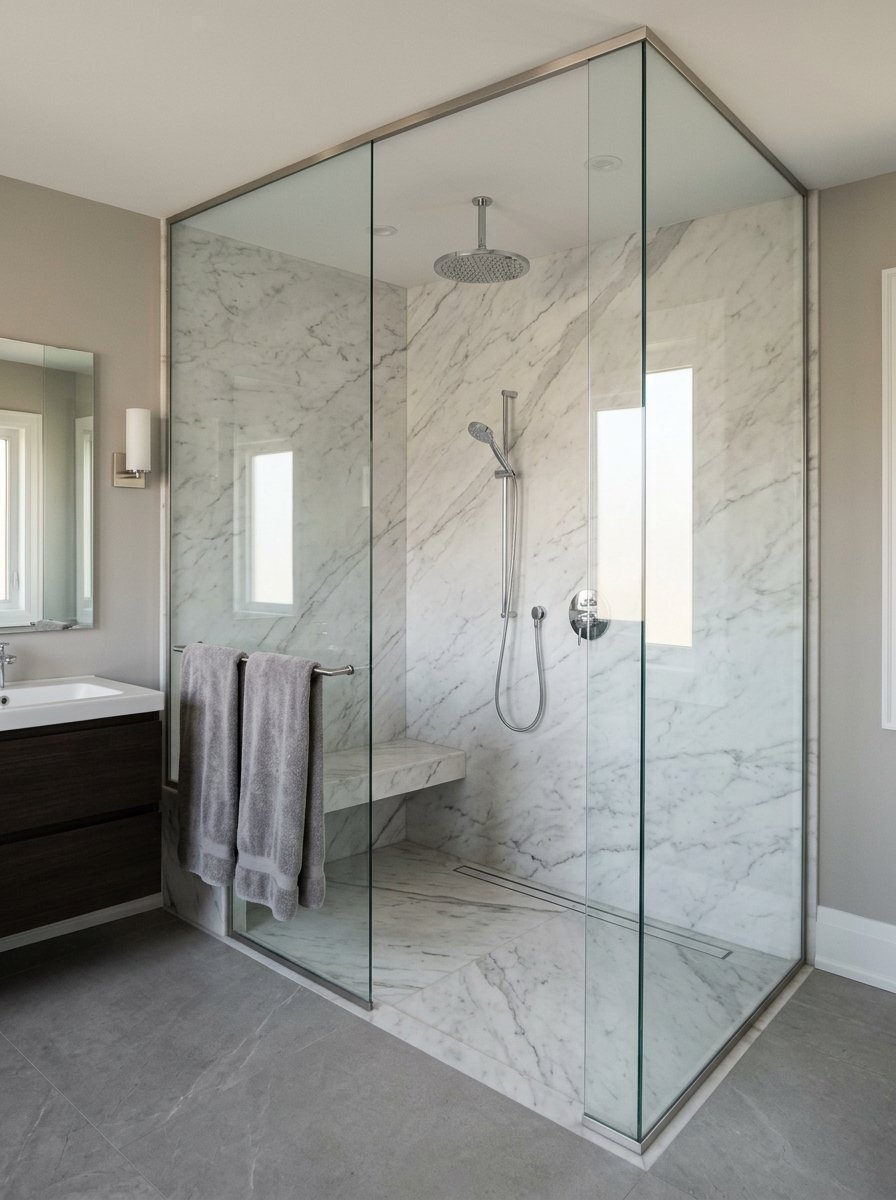 Glass-enclosed shower with white marble walls and a matching floating bench seat.