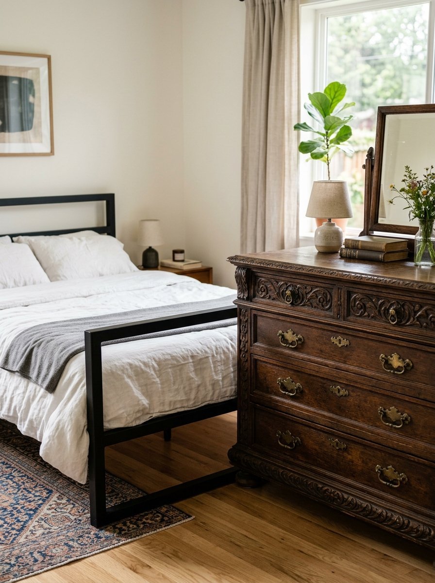 A bedroom featuring a modern black metal bed with white linens next to a vintage dark wooden chest of drawers.