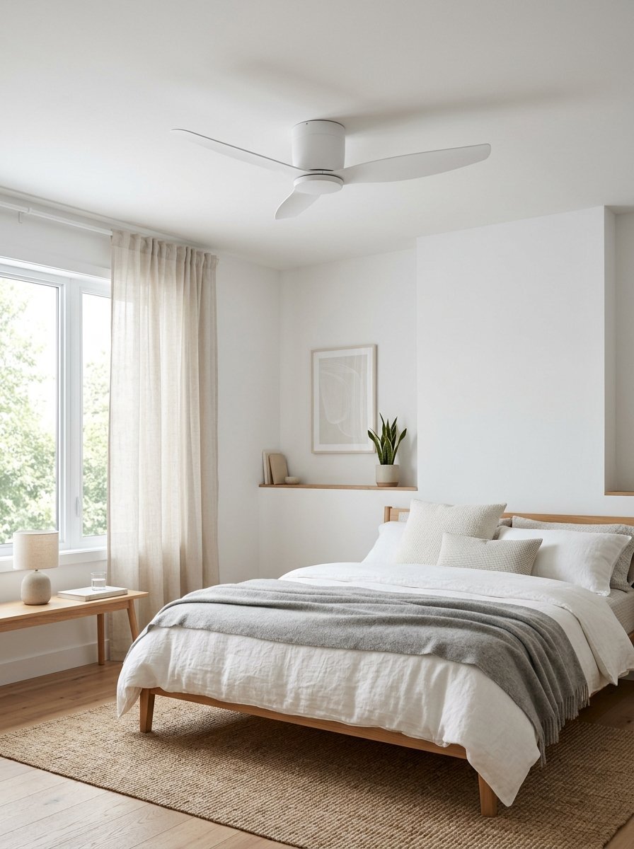 A serene bedroom with a wooden bed, linen bedding, and a simple white three-blade ceiling fan.