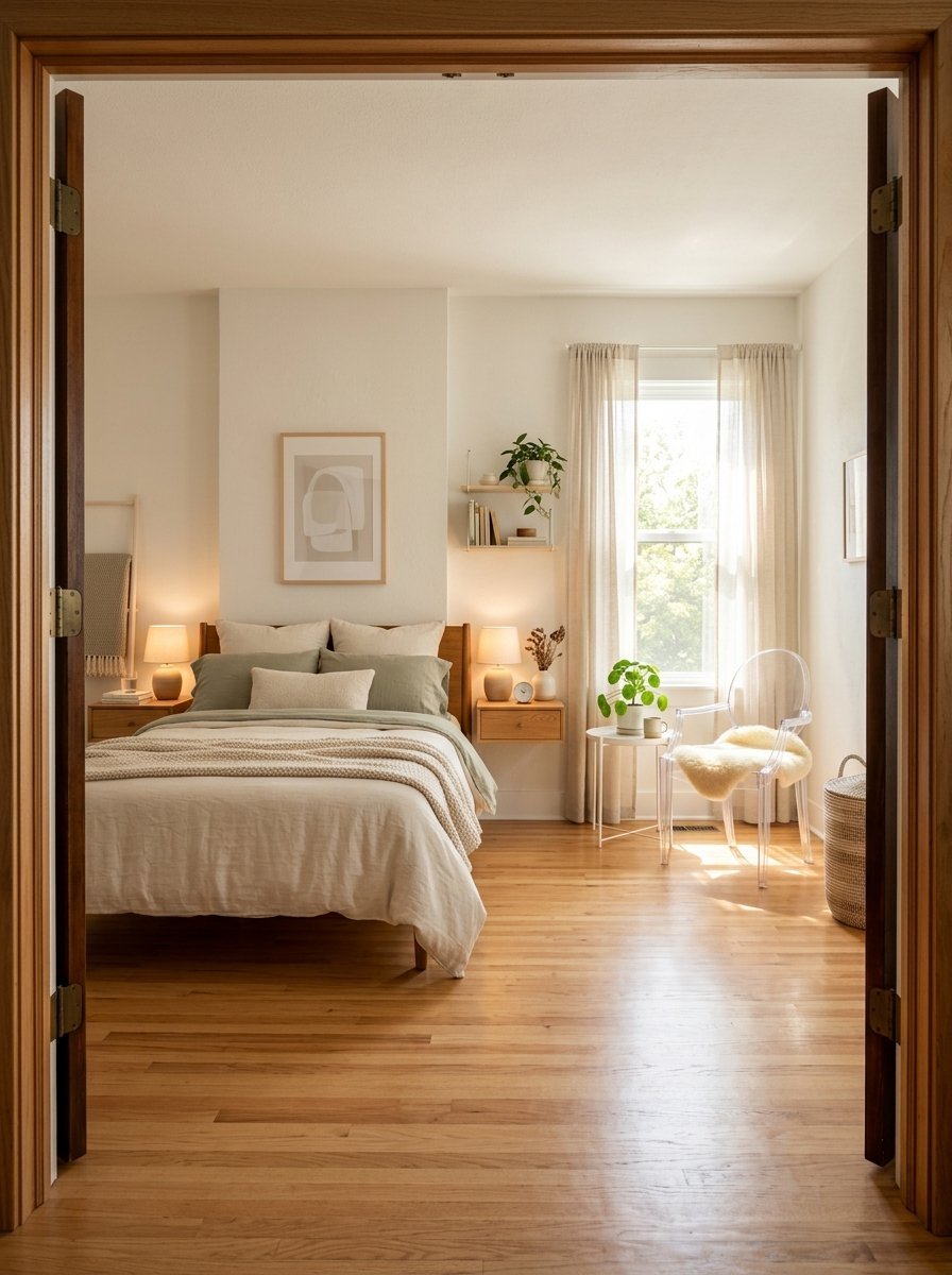 Bright, neutral-toned master bedroom with wooden floors, floating nightstands, and a transparent ghost chair.