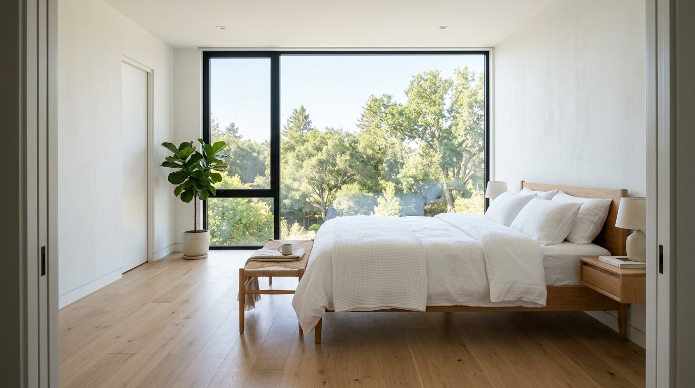 A light-filled bedroom with a wooden bed frame, white bedding, and a large window showing a dense forest outside.