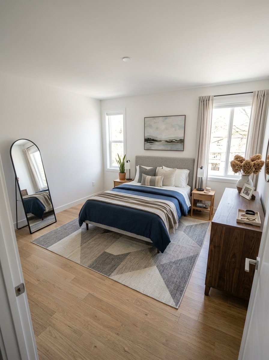 Modern bedroom with a grey bed, dark blue blanket, floor mirror, and wooden dresser on a geometric area rug.