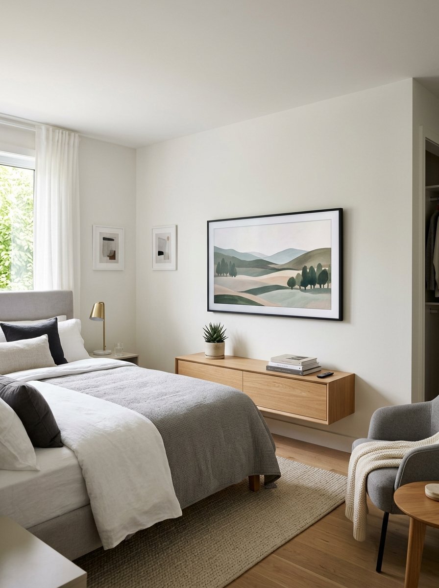 A serene bedroom with a framed landscape print, light wood floating shelf, and a neutral grey bed ensemble.