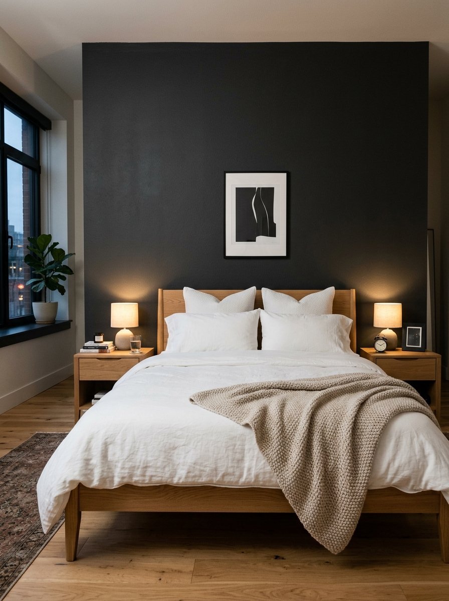 Modern bedroom with light wood furniture, white bedding, and a dark charcoal feature wall with abstract art.