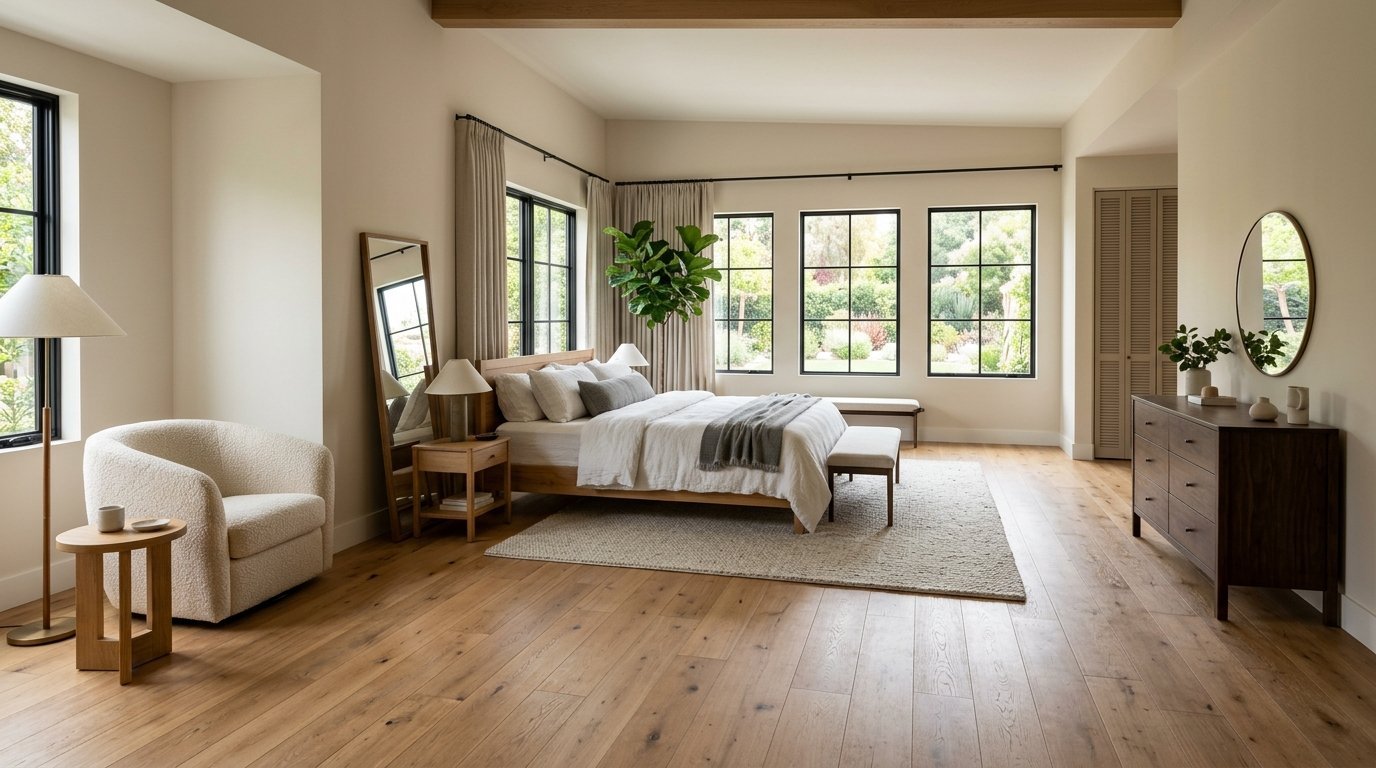A bright, airy bedroom with wooden floors, a white bed, a boucle chair, and large black-framed windows.