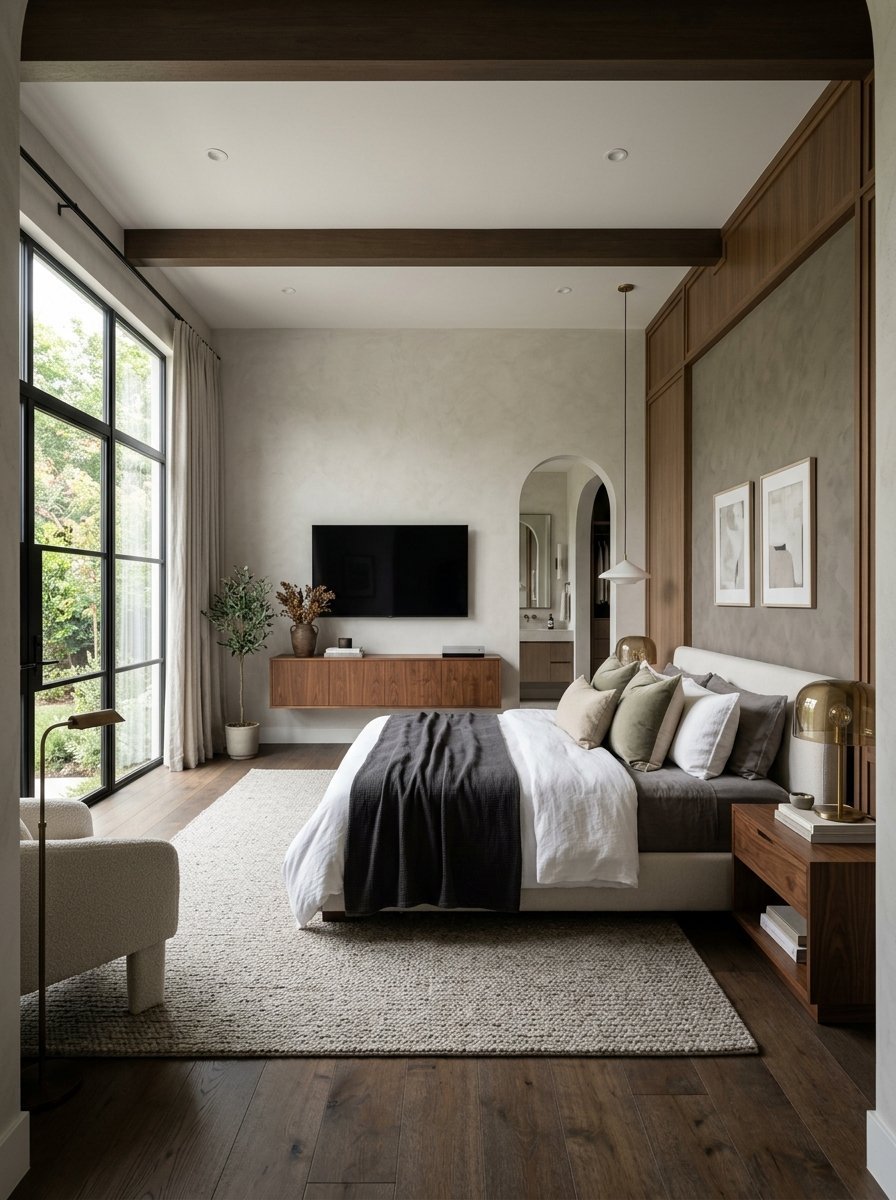 A serene bedroom with a floating wooden media console, wood-paneled walls, and large black-framed windows.