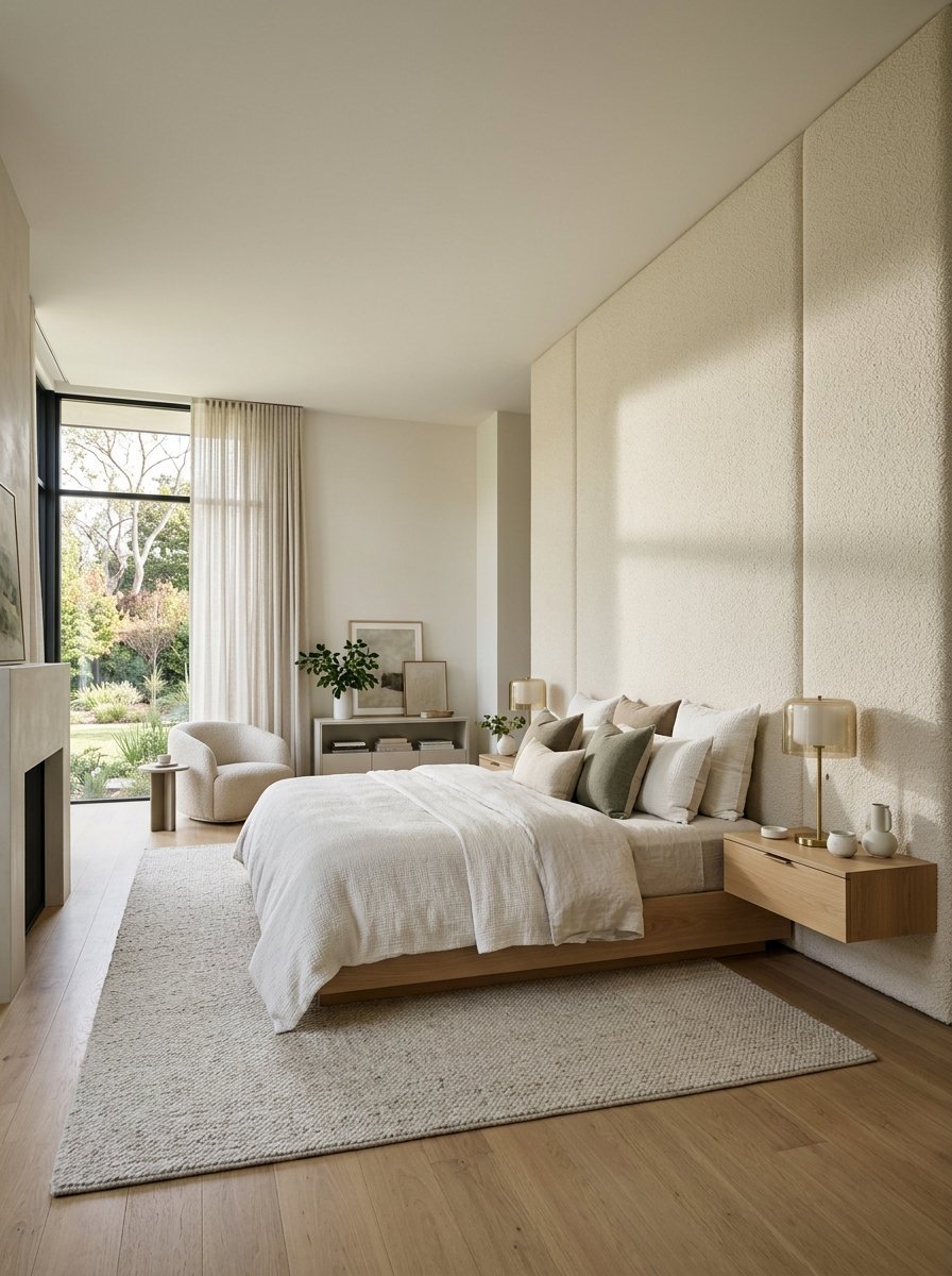 A sunlit bedroom with cream textured walls, a wooden platform bed, floating nightstands, and a cozy armchair.