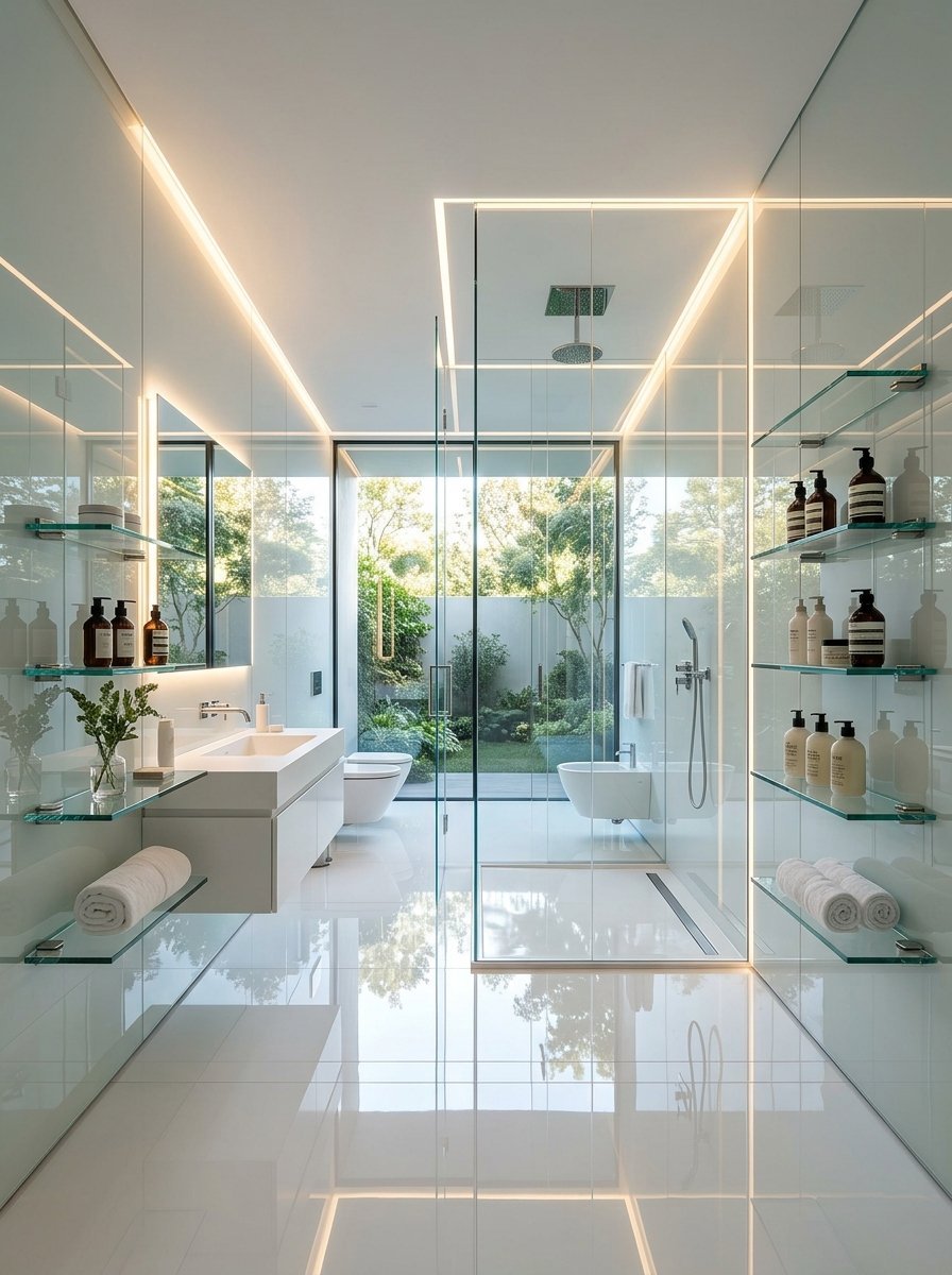 Modern bathroom with glass walls and shelves, white tiled floors, and a view into a lush green garden.