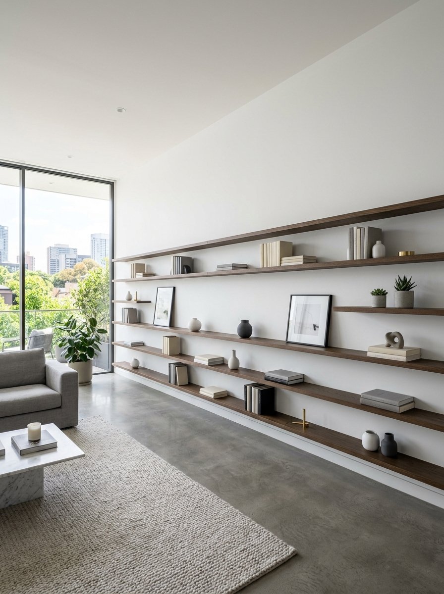 Long floating wood shelves styled with books, vases, and framed art in a bright room with concrete floors.