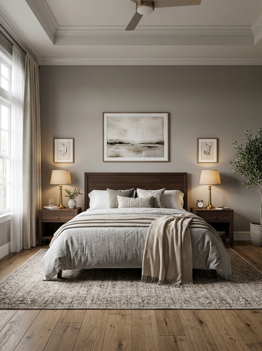 Symmetrical bedroom with walnut headboard, beige bedding, bedside lamps, and framed landscape wall art.