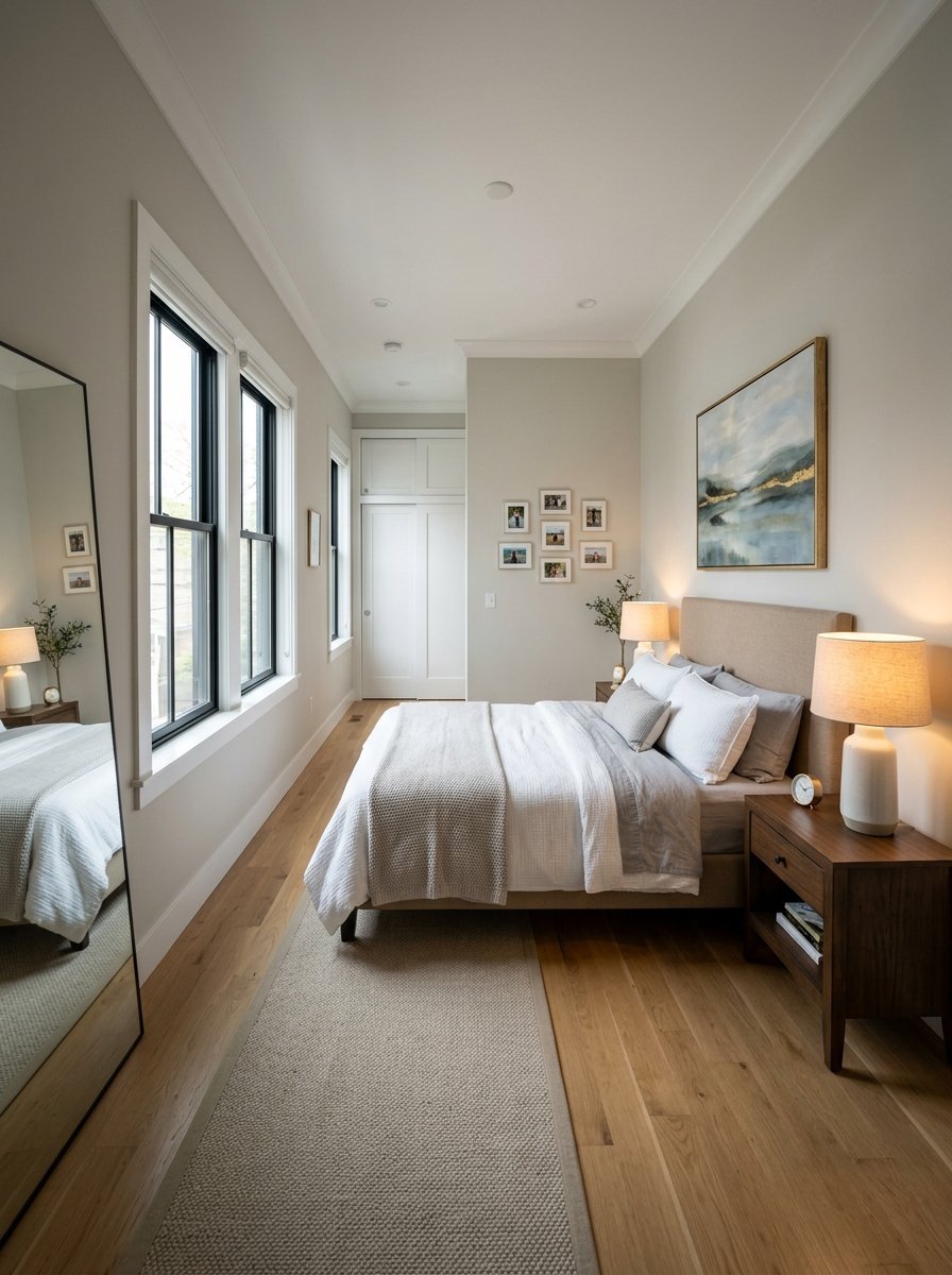 Modern bedroom with neutral tones, a large floor mirror, and a cozy bed with layered white and grey bedding.