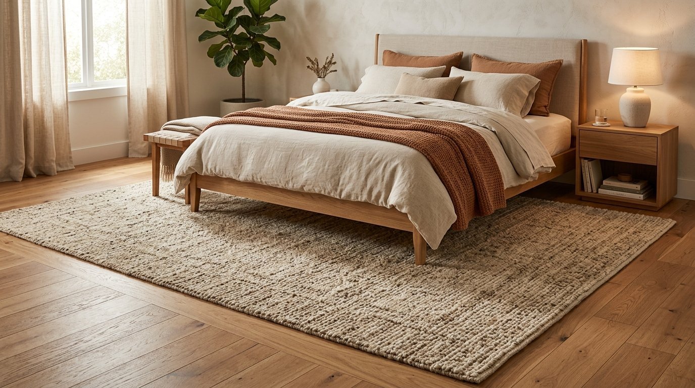 A bedroom with an oak bed, textured beige area rug, and terracotta accents on a layered linen bedding set.