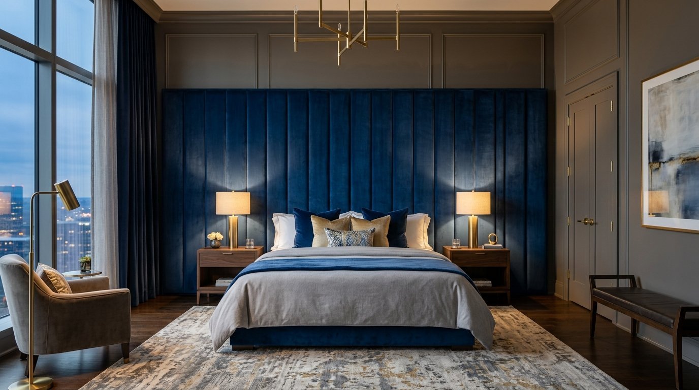 Modern bedroom with a blue velvet upholstered wall behind a bed, warm lamps, and a city view through large windows.