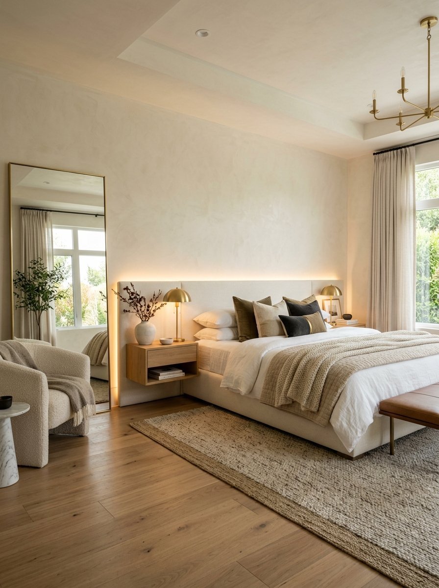 A serene bedroom featuring a textured rug, large floor mirror, and a cozy armchair near a sunny window.