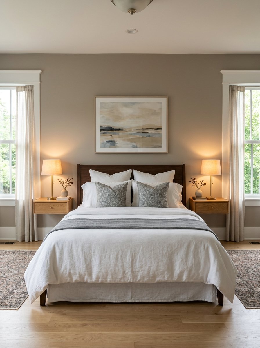 A symmetrical bedroom with a white bed, beige walls, floating wooden nightstands, and two windows with sheer curtains.