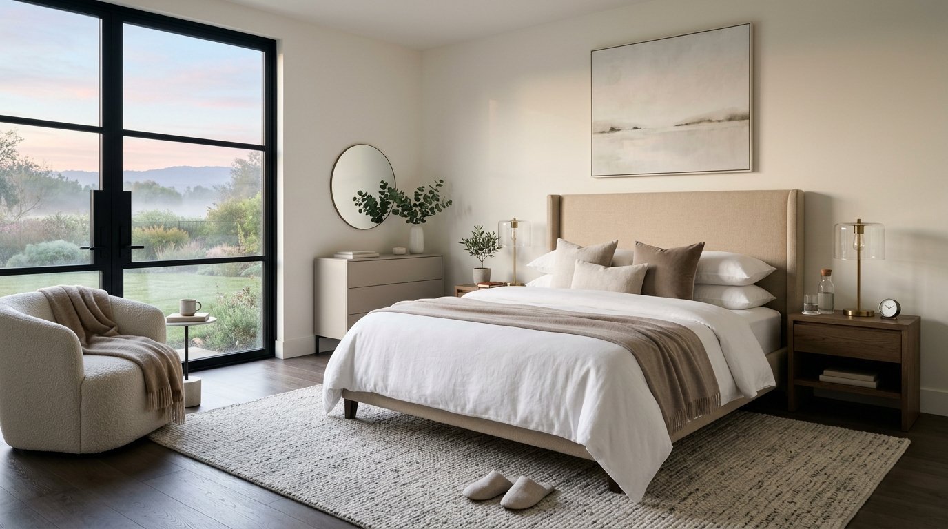 A beige tufted bed in a serene bedroom with textured rugs, a cream armchair, and large glass windows overlooking nature.