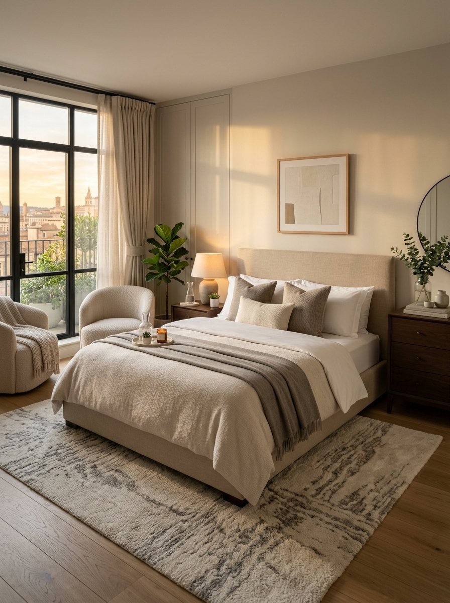 A calm, neutral-toned bedroom with a textured bedspread, two armchairs, and a view of a city from a large window.
