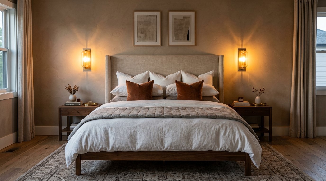 A serene bedroom with a tan upholstered bed, white linens, velvet accent pillows, and glowing amber wall lights.