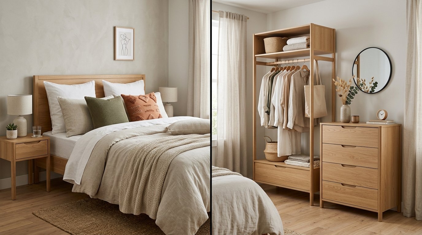 A bedroom layout with a wooden bed frame, bedside table, open wardrobe, and matching four-drawer dresser.