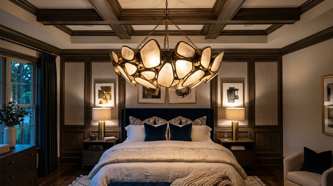 A large, multi-faceted artistic chandelier hangs above a navy blue upholstered bed in a wood-paneled room.