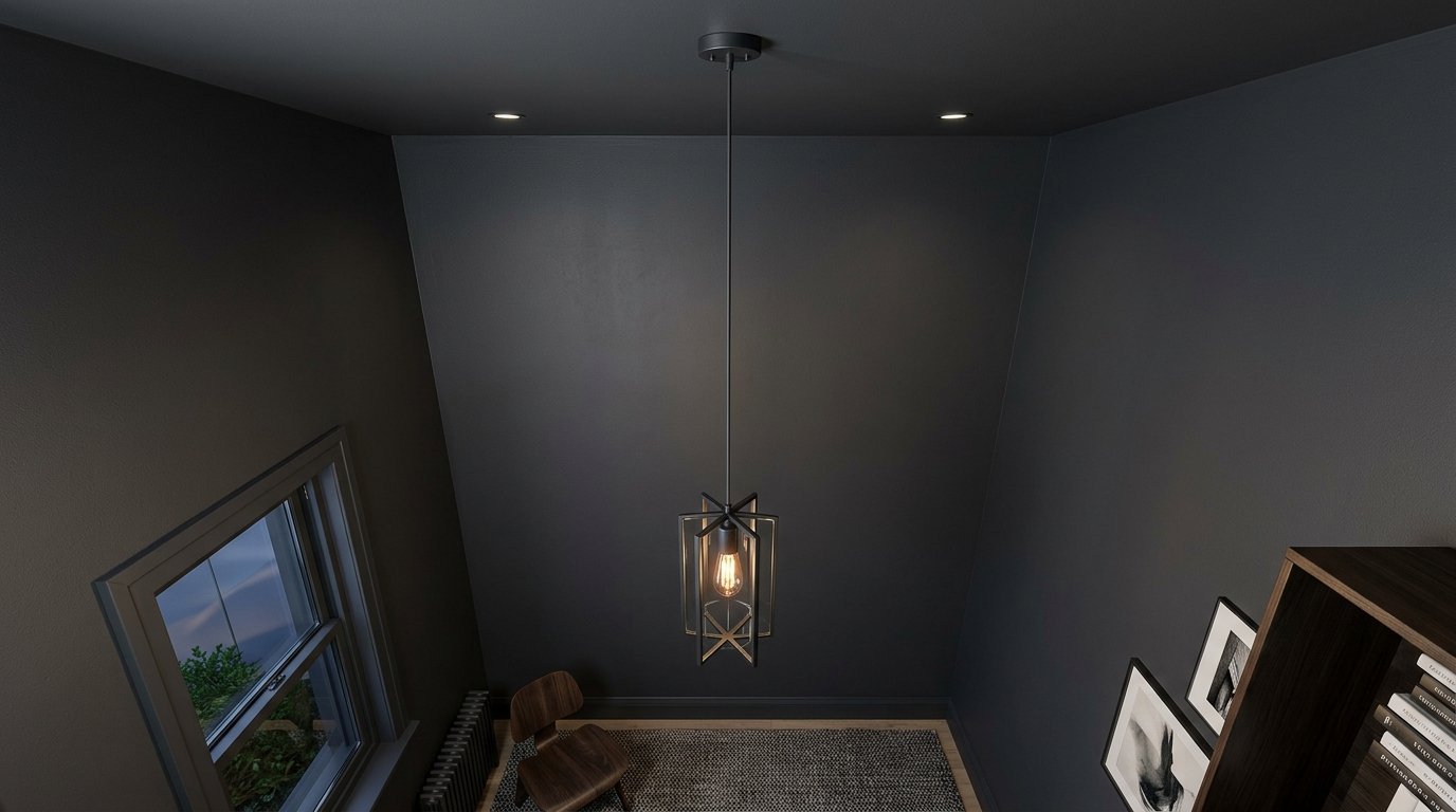 A black industrial pendant light hangs from a dark ceiling above a small wooden chair and textured rug.