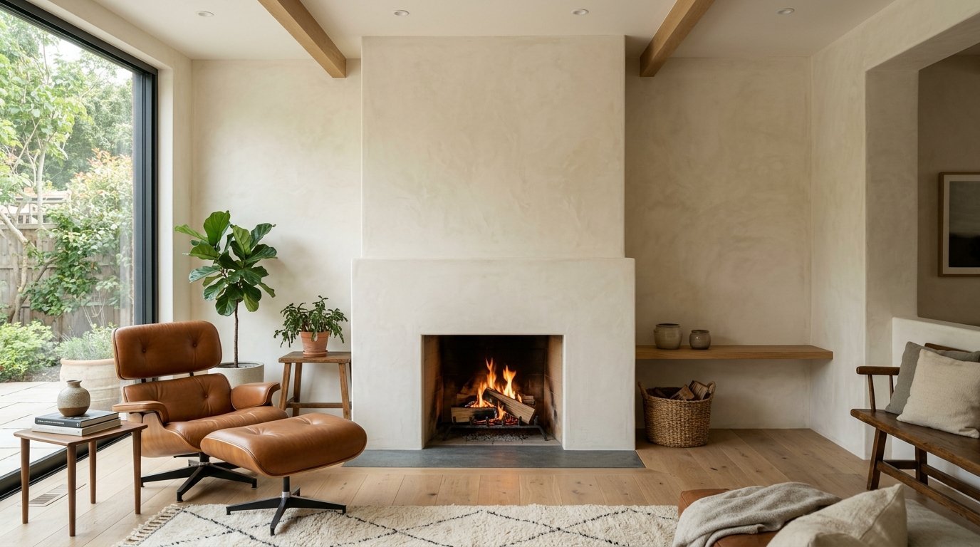 Modern living room featuring a tan plaster fireplace, leather Eames chair, and view of garden.