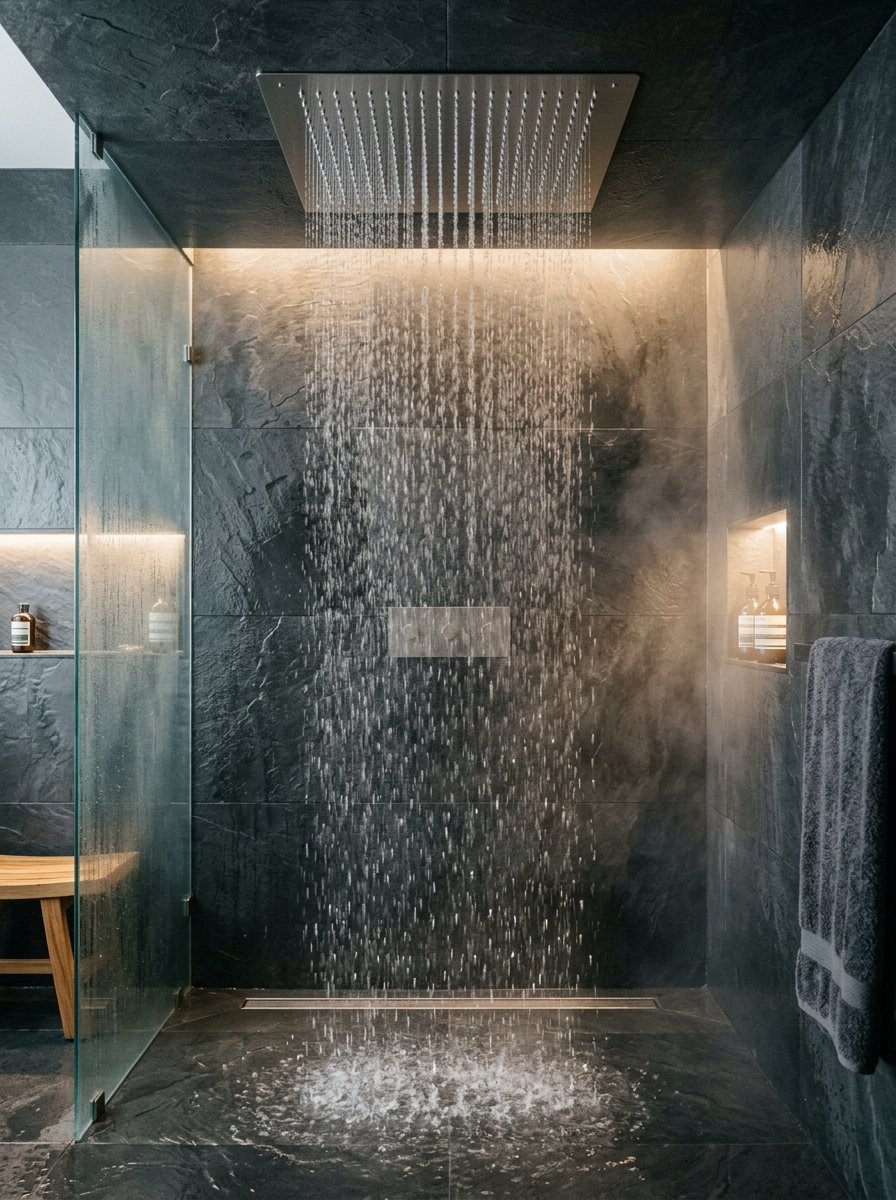 Close up of a ceiling-mounted rainfall shower head pouring water in a luxury bathroom with dark stone tiles.