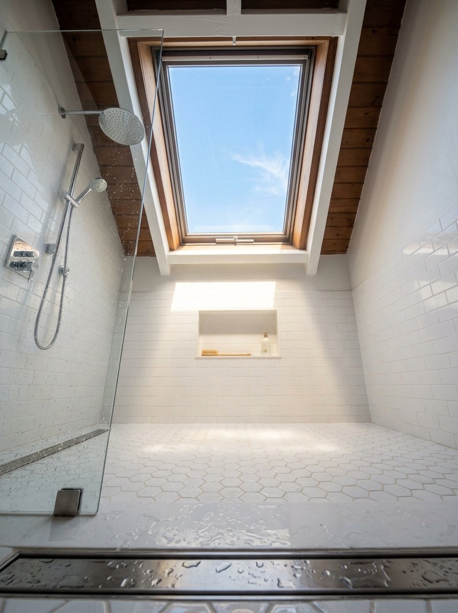 Modern shower interior with white subway tiles, hexagon floor, and a large skylight showing blue sky above.