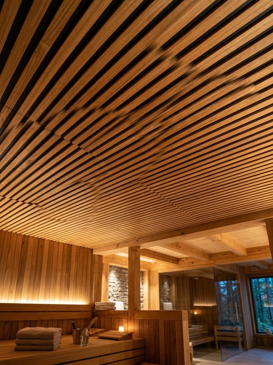 Close-up of a warm wooden sauna ceiling featuring linear slats with integrated dark recessed gaps.