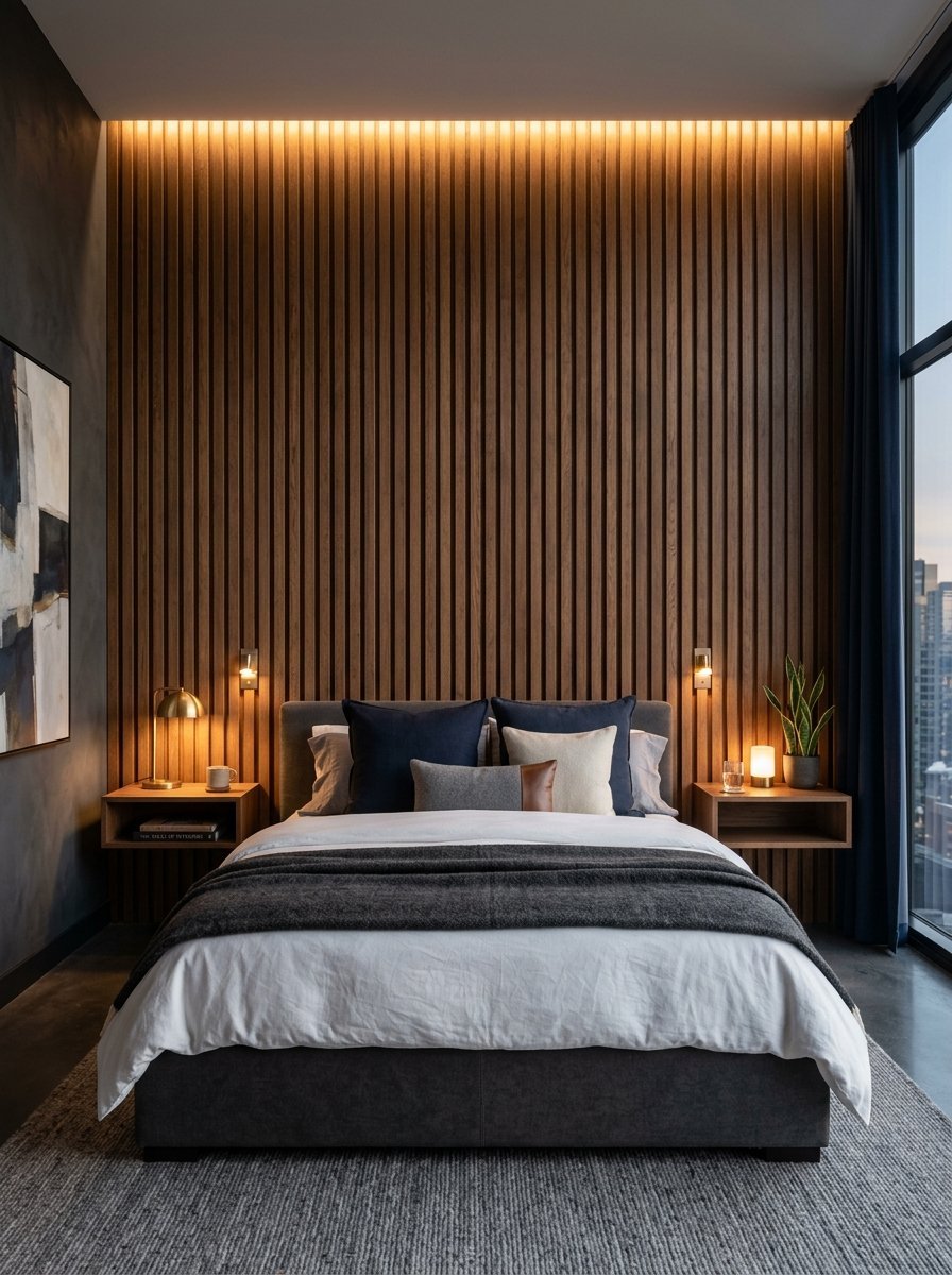 A modern bedroom with vertical wooden slats on the wall, a plush bed with dark pillows, and bedside floating shelves.