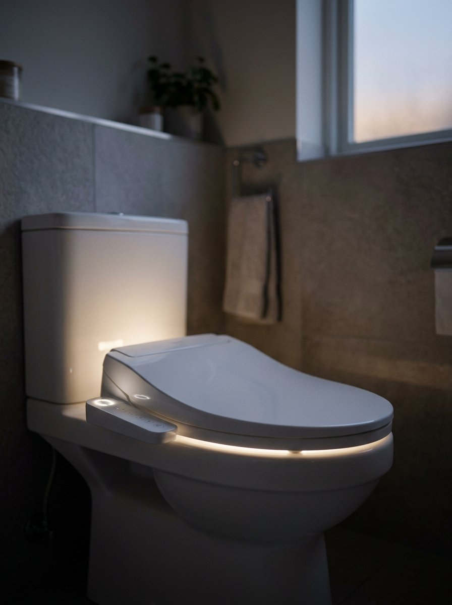 White smart toilet with an illuminated seat glowing in a dimly lit, contemporary bathroom setting.