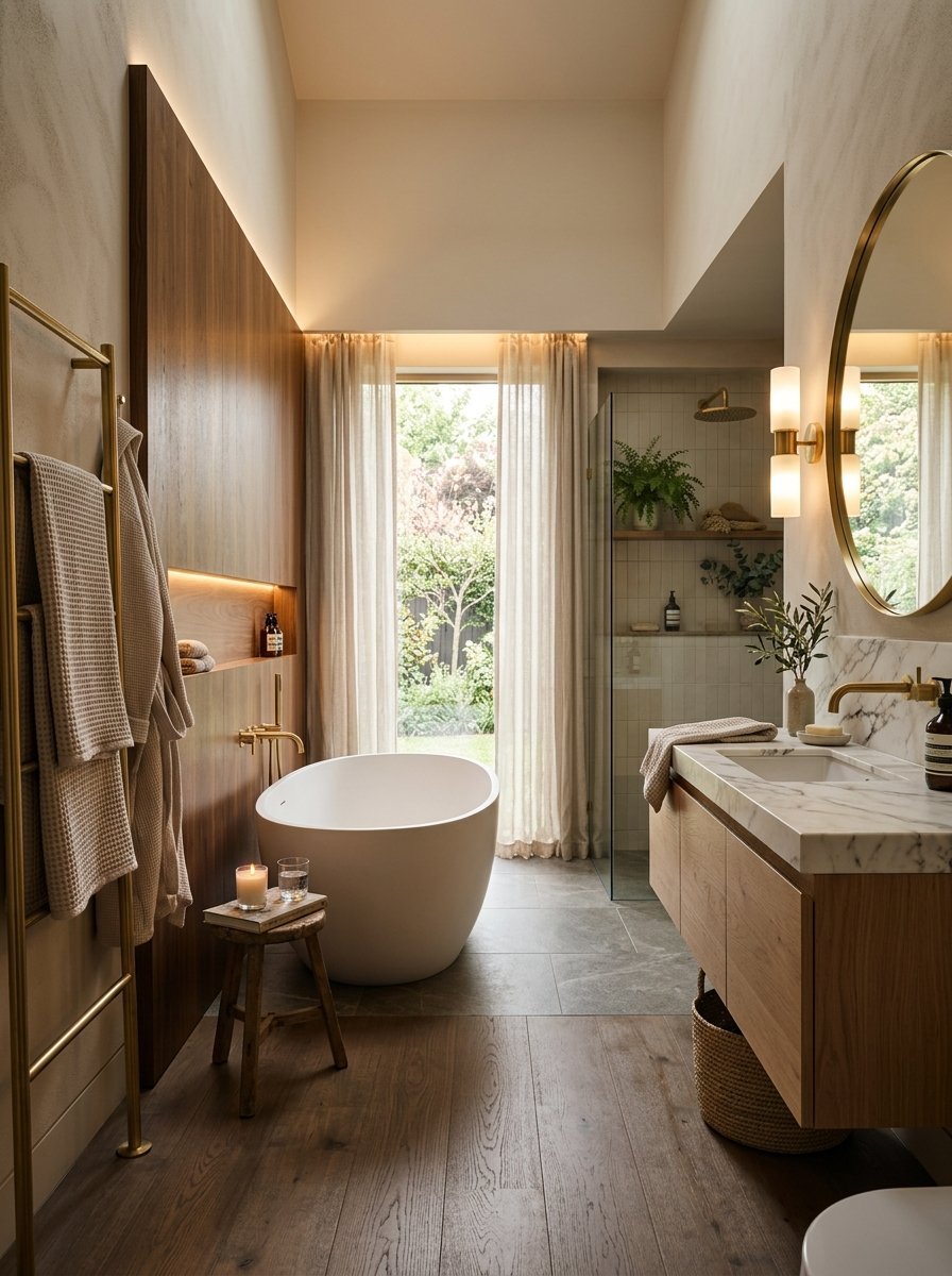 Modern bathroom with a white soaking tub, marble sink vanity, brass fixtures, and a glass-enclosed shower.