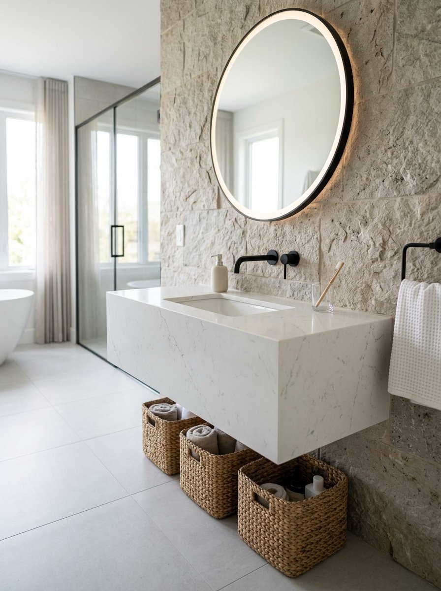 A white floating marble sink vanity with woven baskets underneath, set against a rough stone bathroom wall.