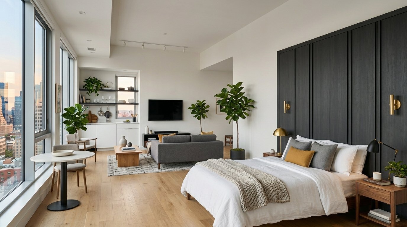 Spacious studio with a bed against a black wood panel wall, a small living area, and floor-to-ceiling city views.