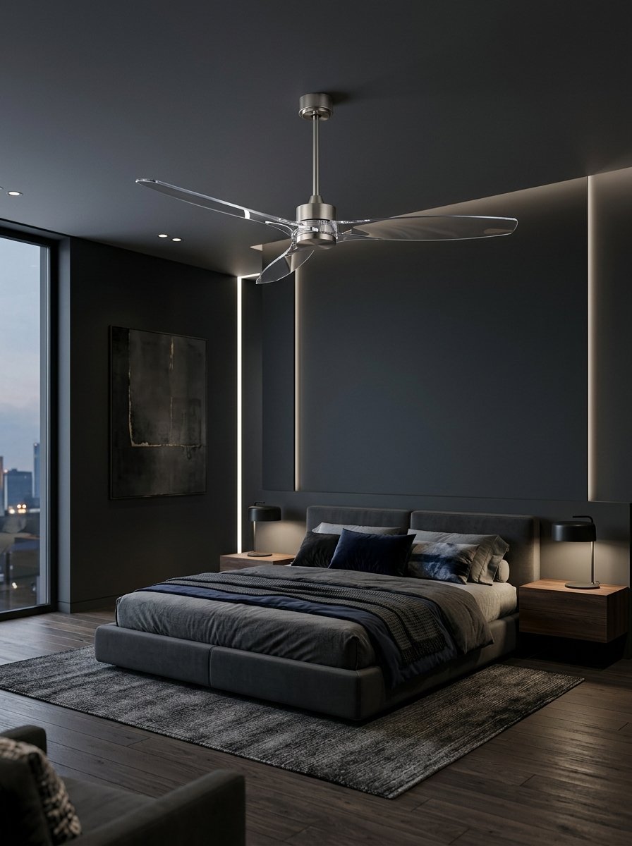 A modern ceiling fan with clear transparent blades hanging above a contemporary dark-themed bedroom interior.