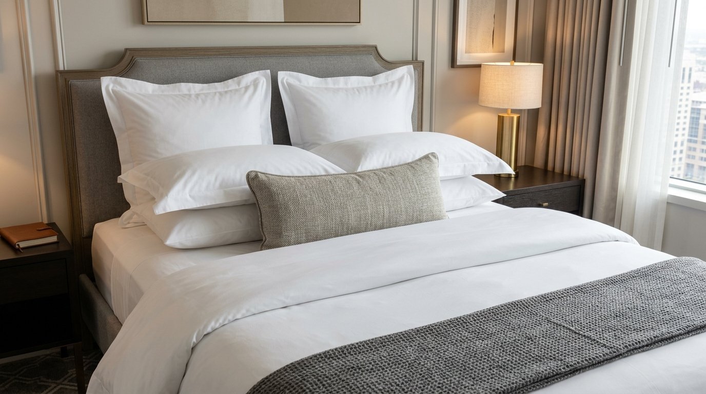 Close up of a bed with grey headboard, white pillows, a textured lumbar cushion, and a grey runner.