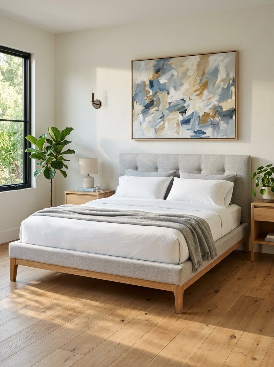 Bright bedroom with a light grey upholstered bed, oak wooden frame, and abstract blue and beige painting on the wall.