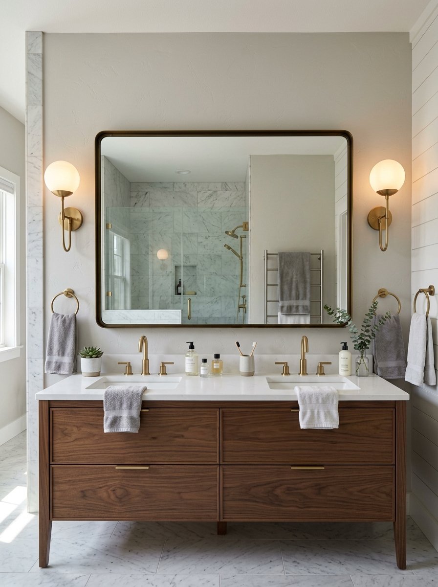 Modern walnut bathroom vanity with double sinks, brass fixtures, and a large rectangular mirror.